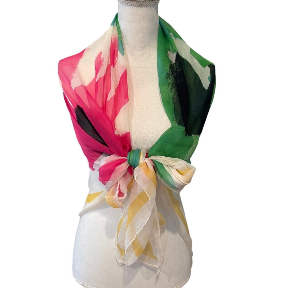 Large Silk Chiffon Scarf Bold Floral Print Cream Green Pink